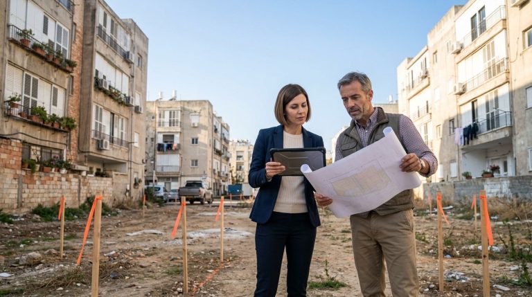 יזמית ואדריכל בודקים תוכנית על מגרש ריק בעיר