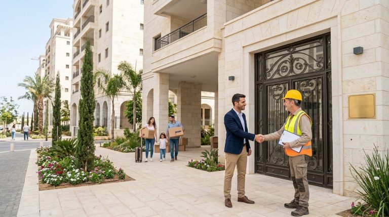 בניין מגורים חדש שהושלם ומשפחה נכנסת לגור