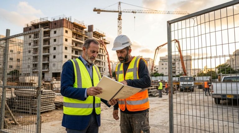 יזם ומנהל עבודה בודקים את היתר הבנייה בכניסה לאתר