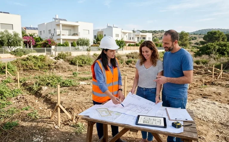 אדריכלית ובני זוג בוחנים תוכניות להיתר בנייה לבית פרטי על המגרש